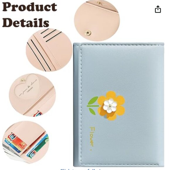 Womens Wallet ID Cardholder Money Compact Kawaii Flower Cute Blue - Picture 2 of 8